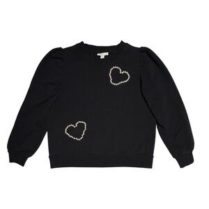 Black Puff Sleeve Sweatshirt Pearl Heart Valentine's Embellished Women's Jr. M